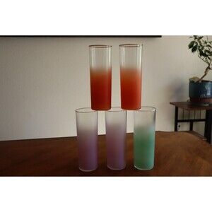 Lot 5x 70’s Vintage Blendo Multicolor Frosted Gold Rim Glass Barware 6.75" Ombre
